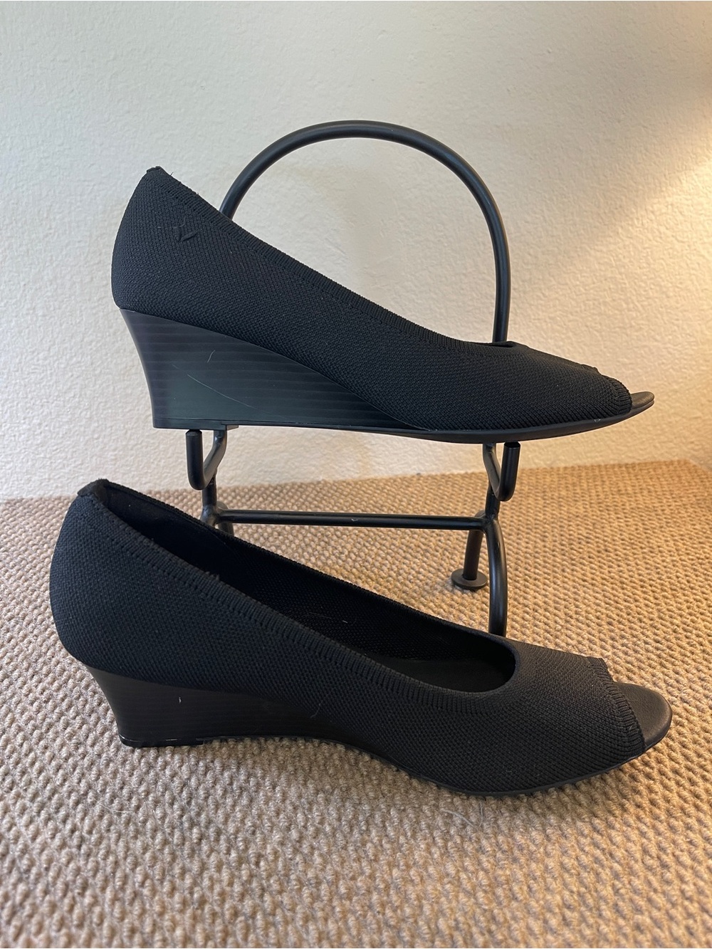 Classic Black Knit Peep-Toe Wedge Heels